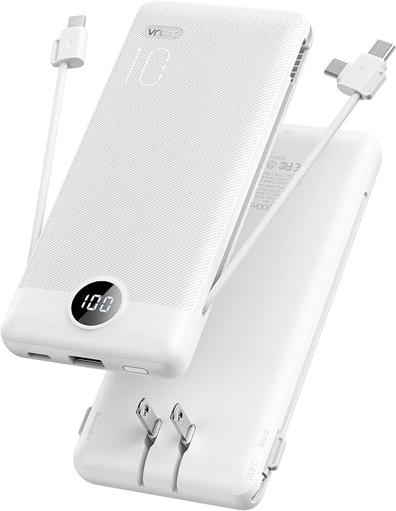 VRURC Portable Charger, Power Bank Built-in Cables and AC Wall Plug | USB C Power Bank 10000mAh Travel Essentials Phone Charger Compact External Battery Pack For Smart Phones, Tablets etc-White