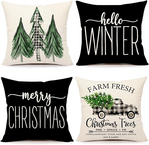 4TH Emotion Gray Black Christmas Pillow Covers 18x18 Set of 4 Farmhouse Xmas Decorations Merry Christmas Tree Truck Hello Winter Holiday Decor Throw Cushion Case for Home Couch S24C21