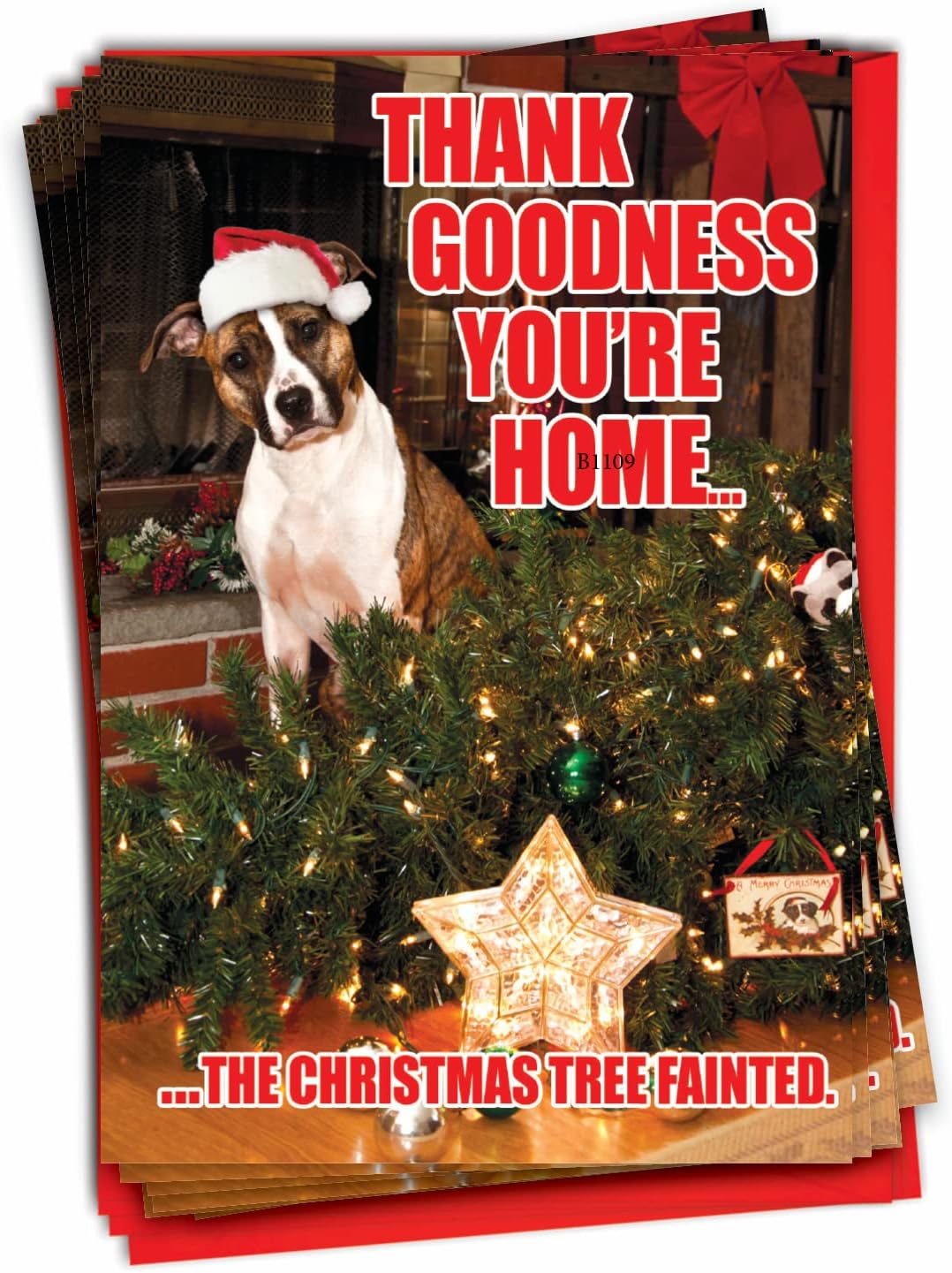 NobleWorks Pack of 12 Funny Christmas Greeting Cards with Envelopes, Humor Holiday for Men and Women 1 Design, 12 Cards - Christmas Tree Fainted B1144