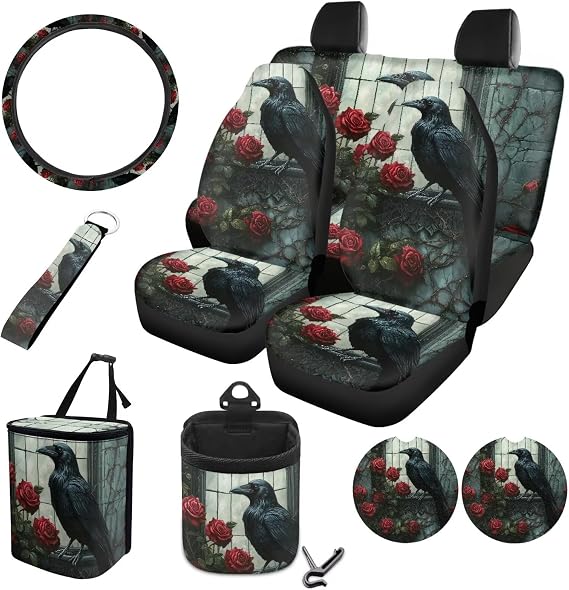 Raven Rose Print 10 Pieces Car Seat Covers Full Sets Waterproof Steering Wheel Cover Auto Trash Bin with Car Air Vent Storage Cup Holders Keychain Universal Fit for SUV