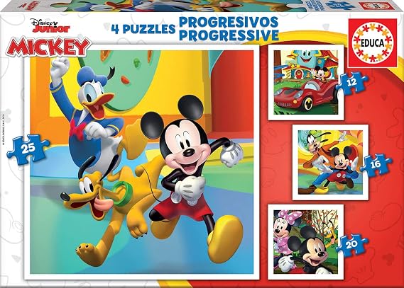 Educa - Progressive Mickey and Friends 4 Progressive Cardboard Puzzles with 12-16-20-25 Pieces Each Approximate Measure of Each Puzzle 16 x 16 cm from 3 Years Old (19294)