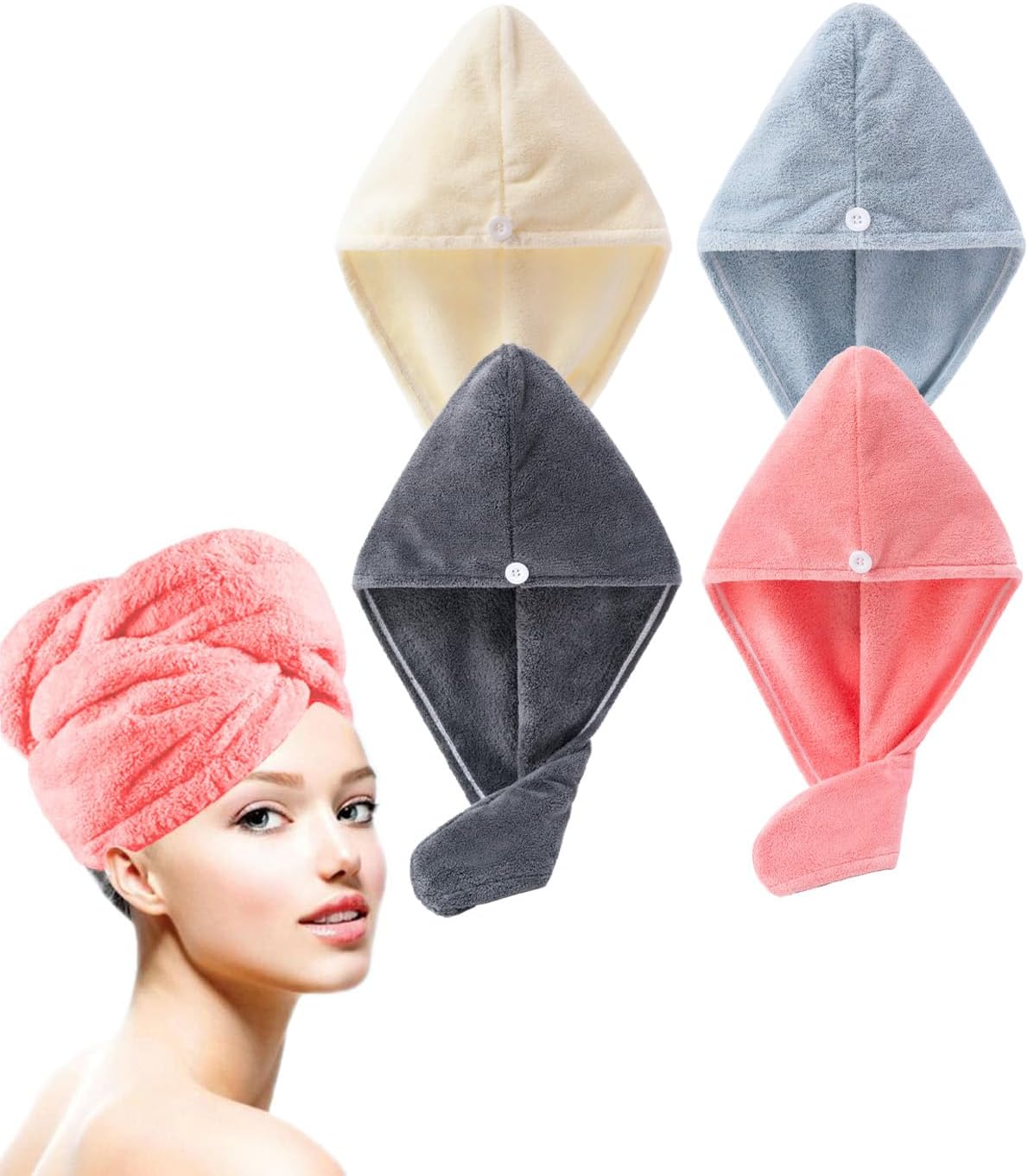 Hair Towel Wrap 4 Pack for Women - Microfiber Fast Dry Turban, Anti Frizz Button Design, Lightweight Absorbent Hair Cap for StraightCurlyLong Hair, 25cm x65cm Travel Towel 4 Colors