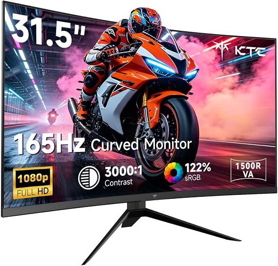 KTC 32 Inch Curved Gaming Monitor, FHD 1080P 165Hz 1500R Monitor, H32S17C | 122% sRGB with HDR, FreeSync PC Monitor, HDMI 2.0x2, DisplayPort 1.4, VESA Compatible, Tilt Adjustable, Eye Care