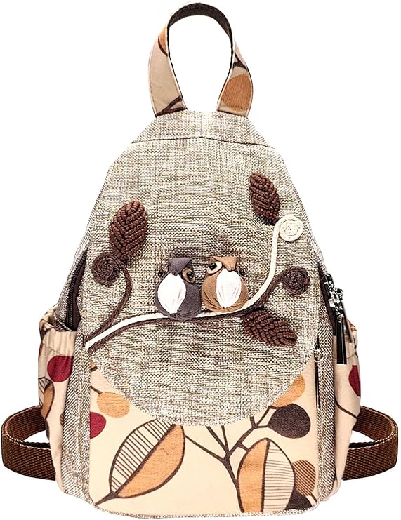 Small Cotton Backpack Purse Multi Pocket Casual Daypack for Women