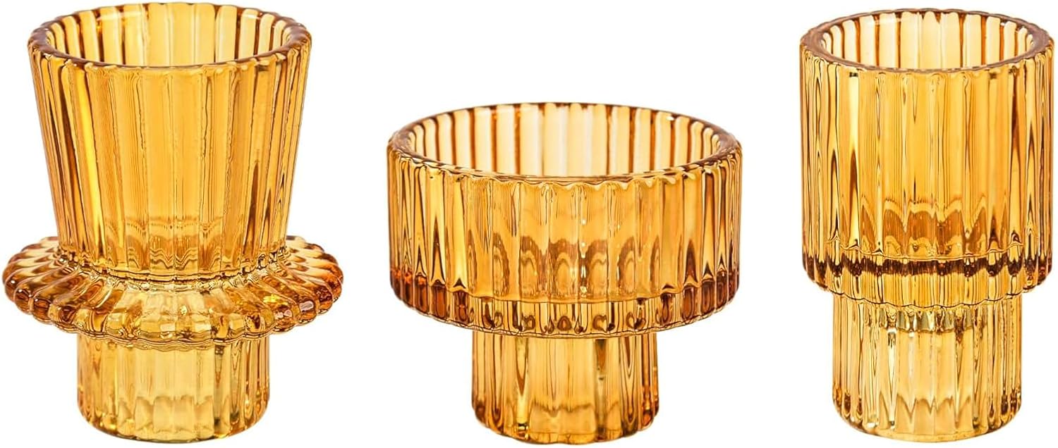 Candle Holders Set of 3, Votive Glass Candle Stick Holders, Pillar Taper Decor Centerpiece for Table,Crystal Tea Light Candle Holders for Home Dinning Wedding Party Festival 3, Amber