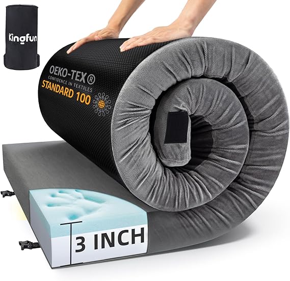 Kingfun 3 Inch CertiPUR-US Memory Foam Camping Mattress Pad, Waterproof Roll up Sleeping Pad, Thick Floor Sleeping Mats for Tent with Removable Travel Bag