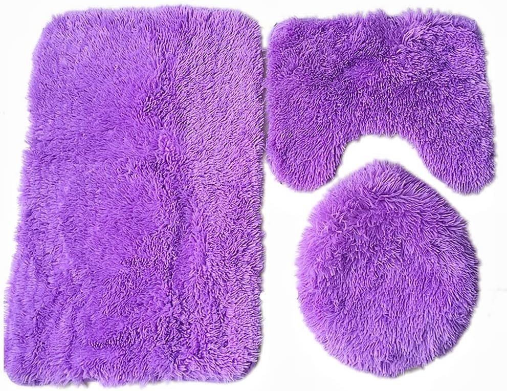 Soft Bathroom Carpet 3 Piece Bathroom Rugs and Mats Set Bath Mats Set with U-Shaped Toilet Floor Mat Rugs andToilet Lid Cover Mat Purple