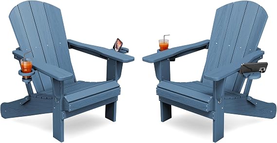 KINGYES Folding Adirondack Chair Set of 2 with 2 Cup Holders, Navy | HDPE Composite | Waterproof | Wood Grain | Hidden Cup & Phone Holder | Low Maintenance