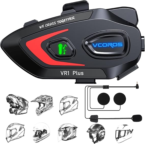 VCOROS Motorcycle Helmet Headset, 2-Way 2 Riders Helmet Intercom, Music Sharing, Waterproof IP56, Scene Mixing, Hi-Fi Sound, AI Voice Assistant, 1 Pack (VR1 Plus Hard Microphone)