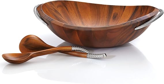 nambe Braid Salad Bowl with Servers | 3-Piece Set | Large Wooden Serving Bowl for Caesar Salad, Large Salads | Big Salad Bowl with Serving Utensils | Made of Chrome & Acacia Wood (20 L x 16 W)