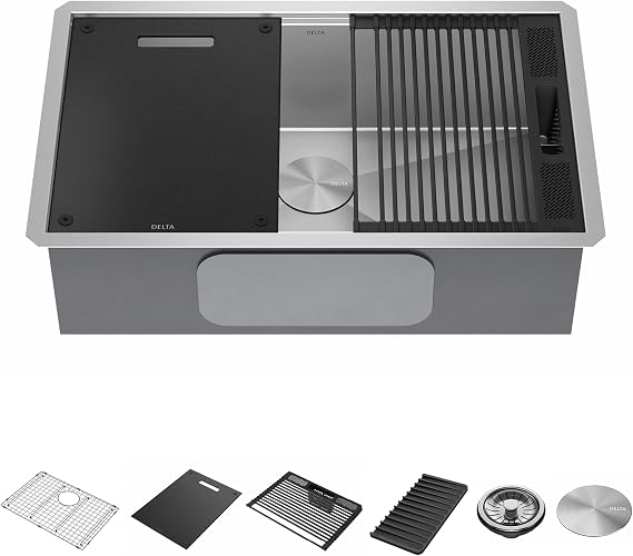 DELTA FAUCET Rivet 30-Inch Workstation Kitchen Sink Undermount 16 Gauge Stainless Steel Single Bowl with WorkFlow Ledge and Chefs Kit of 6 Accessories, 95B931-30S-SS