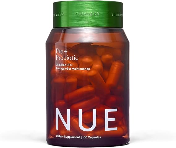 The Nue Co. Pre + Probiotic Supplement - Synbiotic & Spore Based Formula for Daily Gut Balance - Vegan & Gluten Free Immune Supplement - Supports Digestive Wellness, Immunity & Skin | 60 Capsules