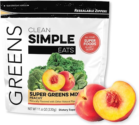 Clean Simple Eats Super Greens Powder, Peachy Greens, 30 Servings | Chlorella & Spirulina | Prebiotic Fiber | Superfoods | Gluten Free | No Artificial Ingredients | Naturally Flavored