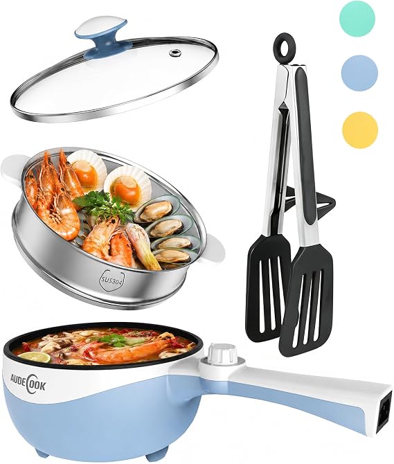 Audecook Electric Hot Pot Mini Electric Skillet Adjustable Power Nonstick | Portable Cooking Pot Multi Ramen Cooker for Noodles, Soup, Steak, Eggs, Oatmeal, Home, Office, Dorm Room, and Travel