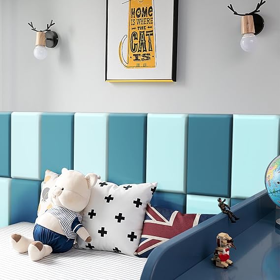 Wall Padding for Kids, Peel and Stick Headboard Upholstered Wall Panels, Wall Protection Pad for Tatami, Bedroom, Playroom, Nursery, Pack of 10 Panels Size 23.6 X 11.8 (Sky Blue)