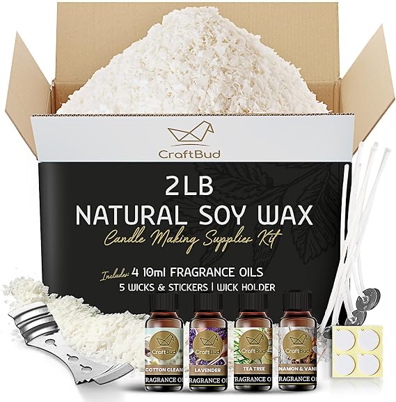 Soy Candle Wax for Candle Making Natural Soy Wax for Candle Making 2 lb Bag, Candle Making Wax, 2 Lbs. Soy Wax Flakes, 5 Candle Wicks, 4 Wick Stickers, and 1 Metal Centering Device