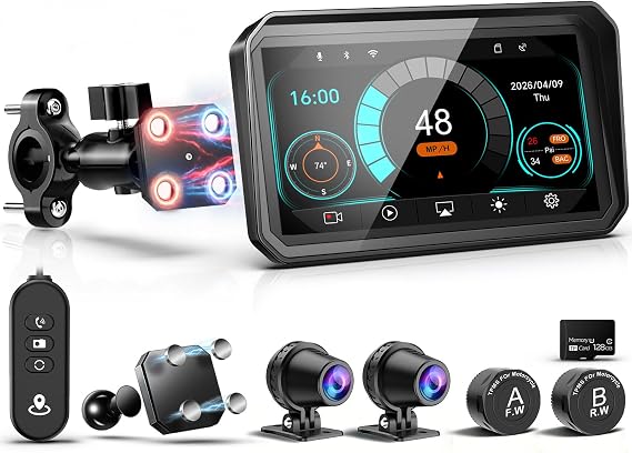 2026 LBW 6" Portable Motorcycle CarPlay GPS(Includes 128G SD), with Wireless Android Auto, Dual 2K Dash Cam/Recorder, Navigation, HD Waterproof Touchscreen, Quick-Release Magnetic Bracket, TPMS, BT