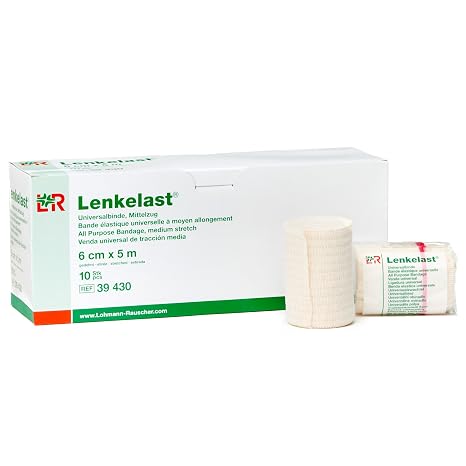 Lenkelast Medium Stretch Bandage, Elastic Compression Brandage with 130% Stretch, Lymphedema & Swelling Wrap, 64% Cotton, 35% Polyamide, 1% Elastane, Single Roll, 6 cm x 5 m