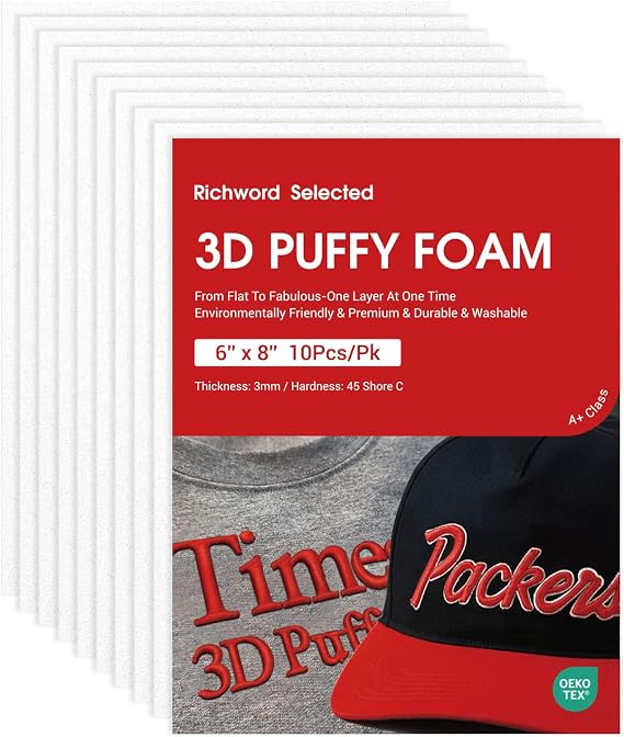 Poolin 3D Puff Embroidery Foam 3mm, 6x8 Inch, 10 Sheets, White | For multi-needle embroidery machines, raised 3D effects, for Caps, Jackets, Garments and More
