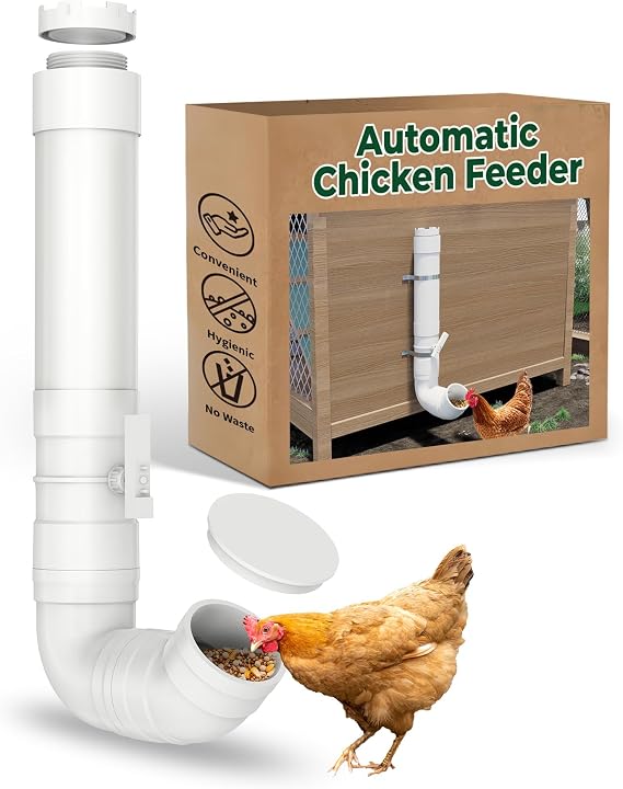 Forestchill Automatic Chicken Feeder with Adjustable Valves, Heavy Duty Plastic Pipe Chicken Coop Feeder of 7 Pounds Capacity, No Waste Hanging Chicken Feeders with 2 Lids