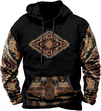 Aztec Hoodies for Men Oversized Long Sleeve Pullover Mens Drawstring Vintage Graphic Western Cowboy Jackets Fall Winter Country Hoodies with Kangaroo Pocket F-Aztec Black L