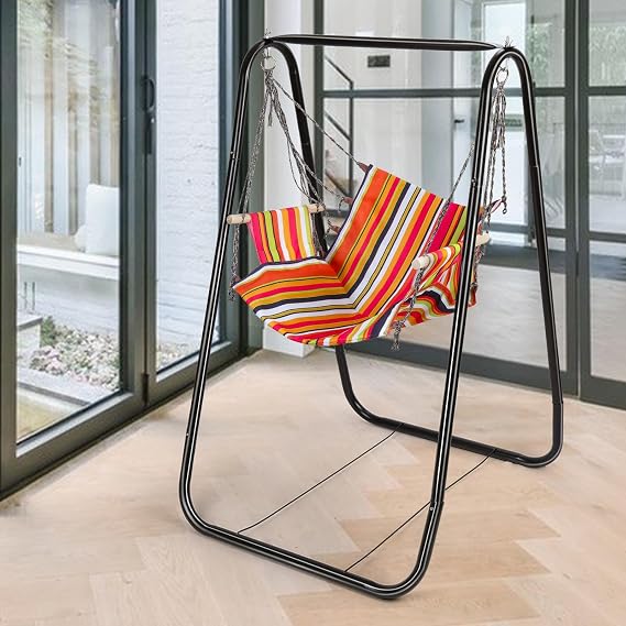 Hammock Chair with Stand, Heavy Duty Hammock Stand with Included Hanging Swing Chair, Portable Hammock Chair Stand for Indoor or Outdoor, Hammock Chair Stand Bearing 440lbs Black