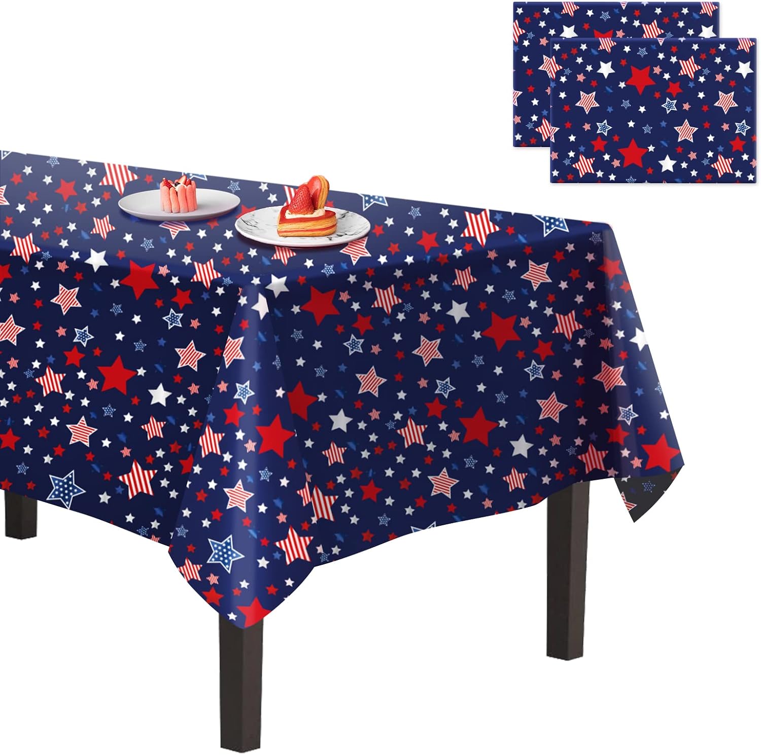 CAKKA 4th of July Tablecloth Plastic 54x108 Inch, 2 Pack Disposable Independence Day Navy Blue Table Cover, Star Rectangle Patriotic Table Cloth for Fourth July Memorial Day Decor Decoration