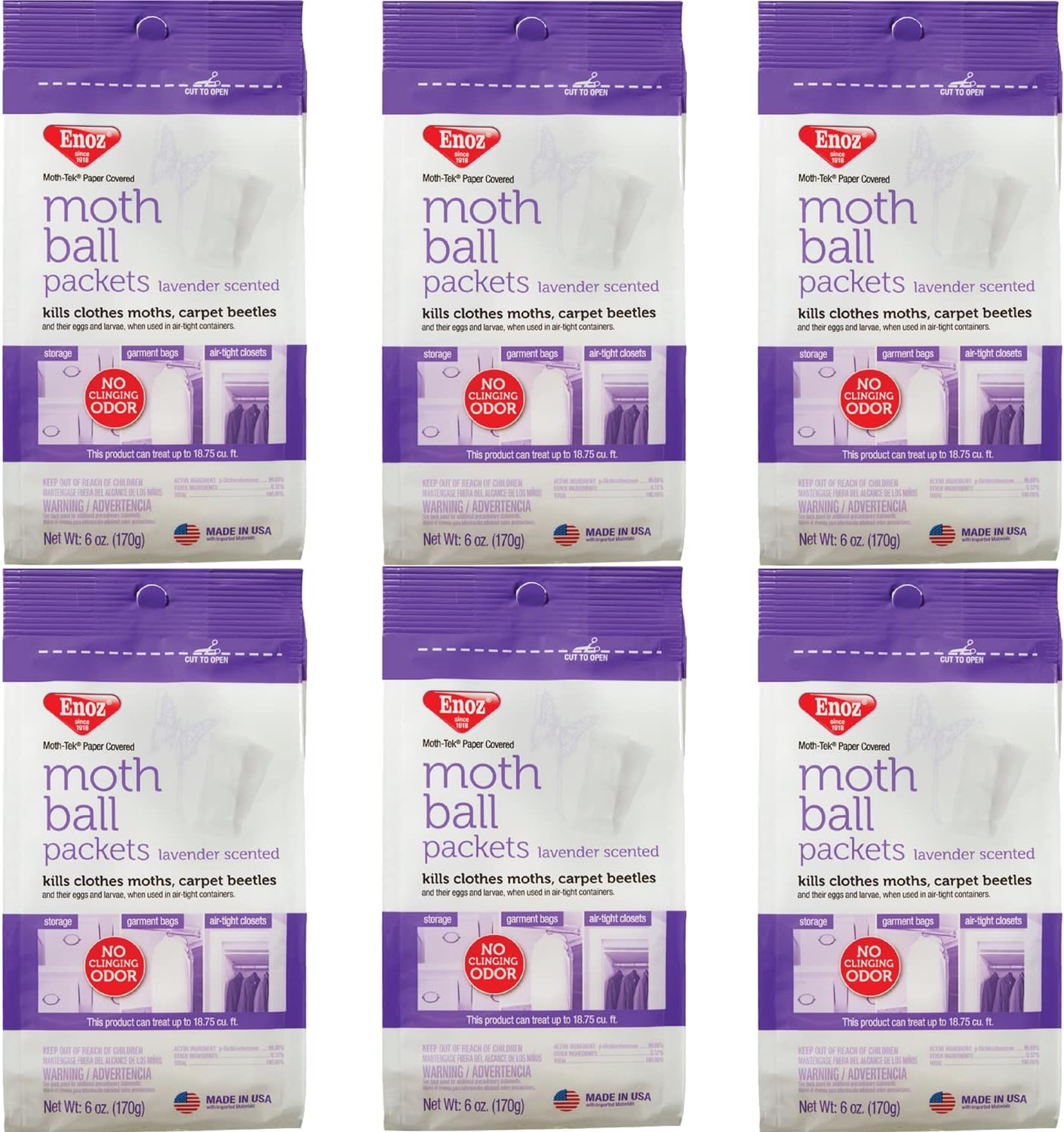Enoz Lavender Scented Moth Ball Packets: Kills Clothes Moths, Carpet Beetles, Eggs and Larvae 6 oz Bag, 6 Pack