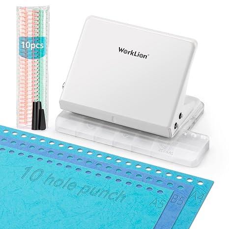 Binding Machine for Planner： WORKLION Metal 10 Hole Punch &amp; Multi Color 30 Hole Loose Leaf Binder Rings(10 pcs) for Making 26 Holes on B5 Paper, 30 Holes on A4, 20 Holes on A5 Book.