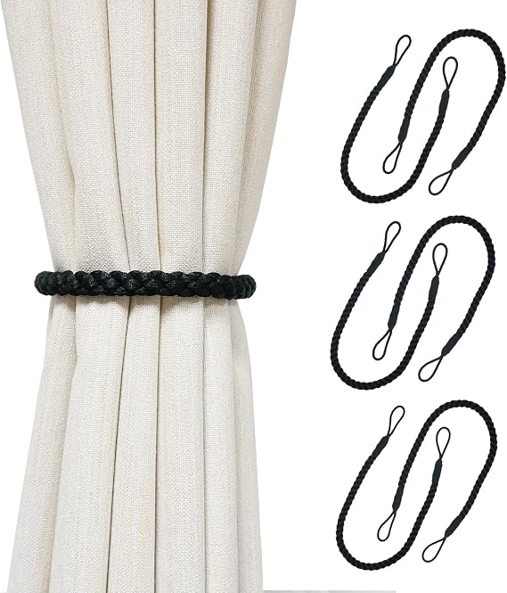 Curtain Tiebacks Ropes, 6pcs Decorative Handmade Tie Backs Curtain Holdbacks Holders Cord for Window Sheer Drapes Indoor Outdoor, Black