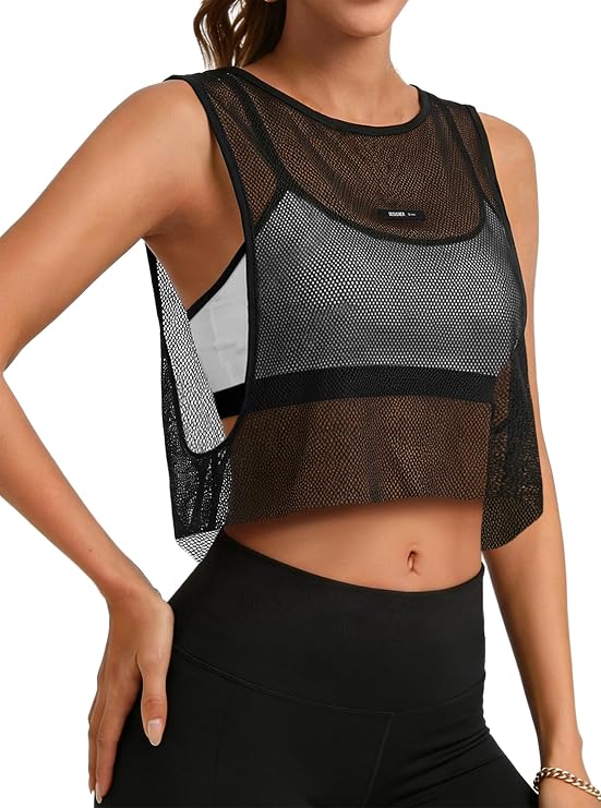 Hilinker Womens Mesh Tank Top Workout Sheer Crooped