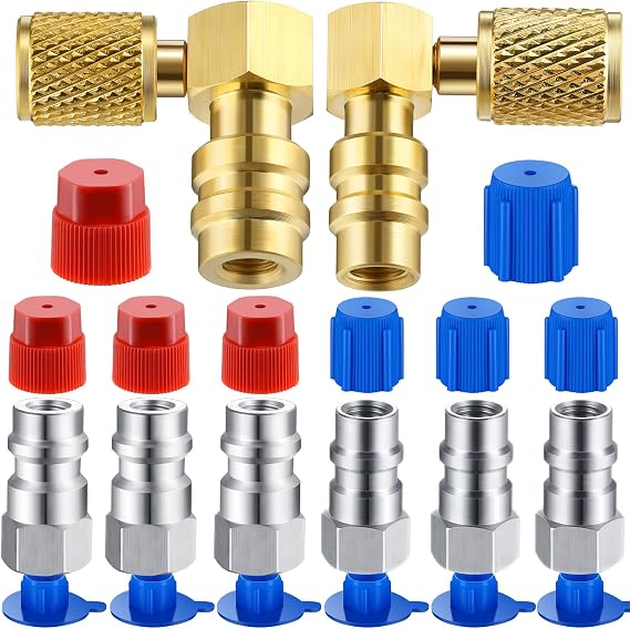 Yaocom 8 Pcs R12 to R134a Conversion Kit 90 High and Low Side R12 to R134a Retrofit Adapter Fittings High/Low Pressure Retrofit Valve Fittings with Dust Cap for Car AC Refrigerant System