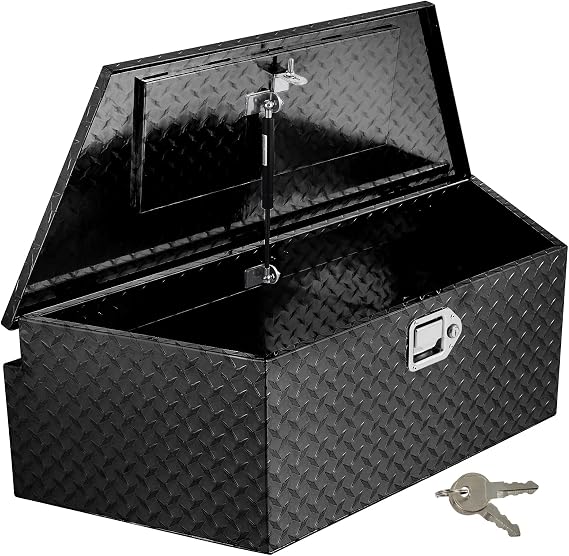 33-Inch Heavy Duty Aluminum Trailer Tongue Box - Lock & Keys Included | Diamond Plate Waterproof Storage Box for Pickup Truck Bed & RV Trailer, Black