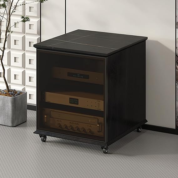 AV Stereo Media Solid wood Storage Cabinet Adjustable shelves,Movable AV Equipment Cabinet Display Stand With cooling fan,Freestanding Audio Rack,Glass door(Black,63.6cm/25in)