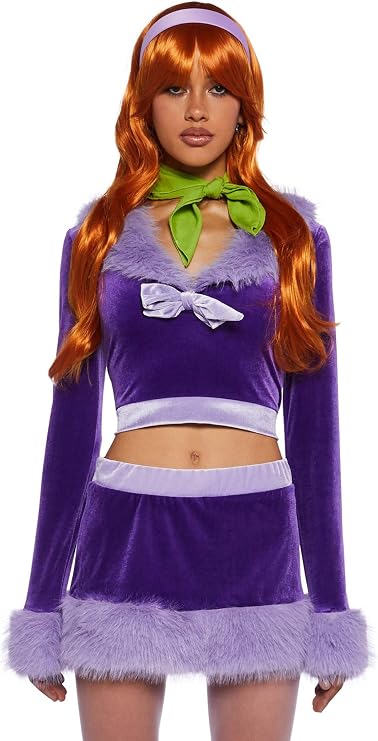Dolls Kill Mystery Crew Hottie Costume Set by Trickz N Treatz Womens Velvet Crop Top, Skirt, Wig, Scarf & Tights