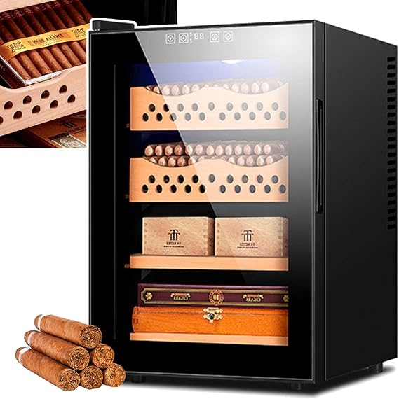 50l Electric Cigar Humidors Temperature Control Cabinet with Spanish Cedar Wood Shelves Drawer,300 Capacity Electric Cooling Cigar Fridge, for Men,A