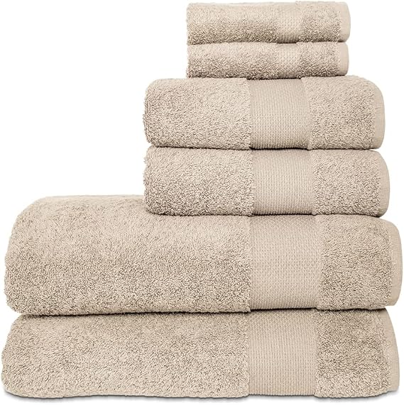 6-Piece Bath Towel Set - High Absorbency, Quick Drying - 100% Soft Turkish Cotton - 2 Bath Towels, 2 Hand Towels, 2 Washcloths - for Bathroom, Home, Hotel, Spa, and Gym - 6-Pack Beige