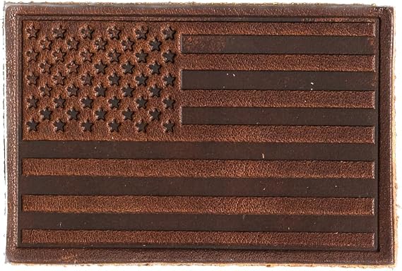 American Flag Leather Patch, with Optional Hook Side Fastener Added, 100% Full Grain Leather, Rectangle, 3" x 2" (Nut Brown, Patch Only)