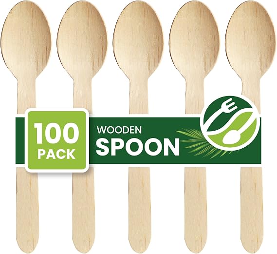 Eco Leaf 100pcs Disposable Wooden Spoons, 16cm, Biodegradable &amp; Compostable Eco-Friendly Cutlery Set for Weddings, Picnics, Parties, Camping &amp; Catering | Sturdy Birch Wood &amp; Bamboo Spoons