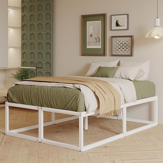 EMODA Small Double Bed Frame 4ft with Sturdy Slats Support, White | 46 cm High Heavy Duty Metal Small Double Bed Frame, Large Underbed Storage, Noise Free, Easy Assembly