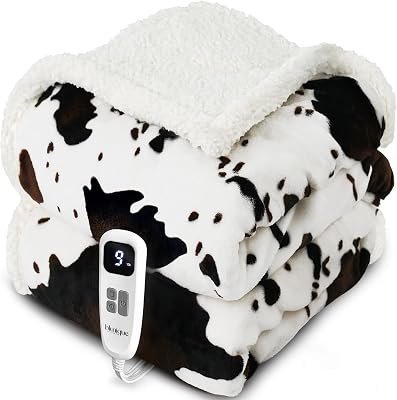 Heated Blanket Throw Blanket - Fast Heating Electric Blanket, Soft Flannel Heated Throw with 4 Time Settings, 10 Heating Settings, Warm Gifts for Women & Mom & Grandma50x60Cow Print White