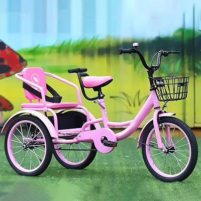 Kids Classic Tricycle with Passenger Seat Adjustable Dual Ride Toddler Bike for 2-12 Years, Extra Wide Rear Seat, FrontRear Storage Baskets, Anti-Slip Wheels, Sealed Bearings