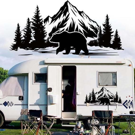 Pwsap Car Decals Mountain,Cool Bear Forest Auto Stickers Waterproof | Vinyl Hood Decal Campervan Stickers Auto Graphics Body Side Door Trunk Decoration for Racing Car SUV Truck Vehicle Jeep RV