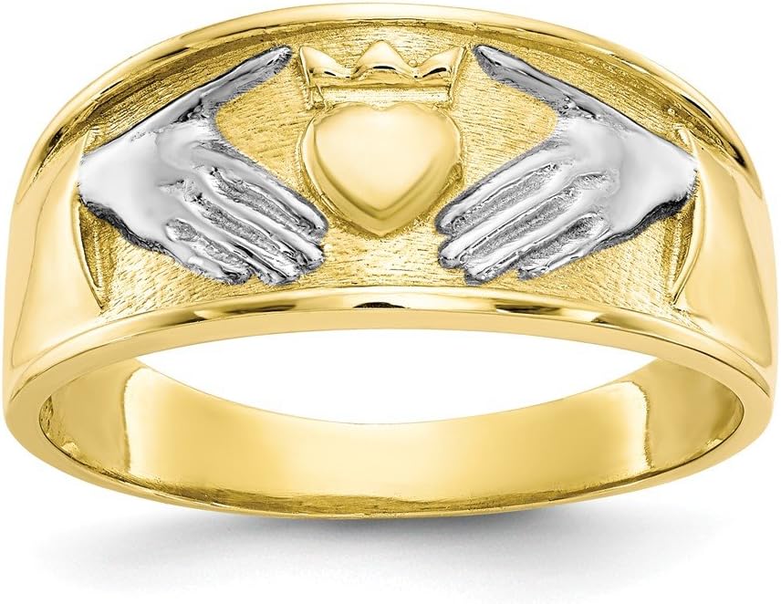 Solid 10K & Rhodium Mens Claddagh Ring