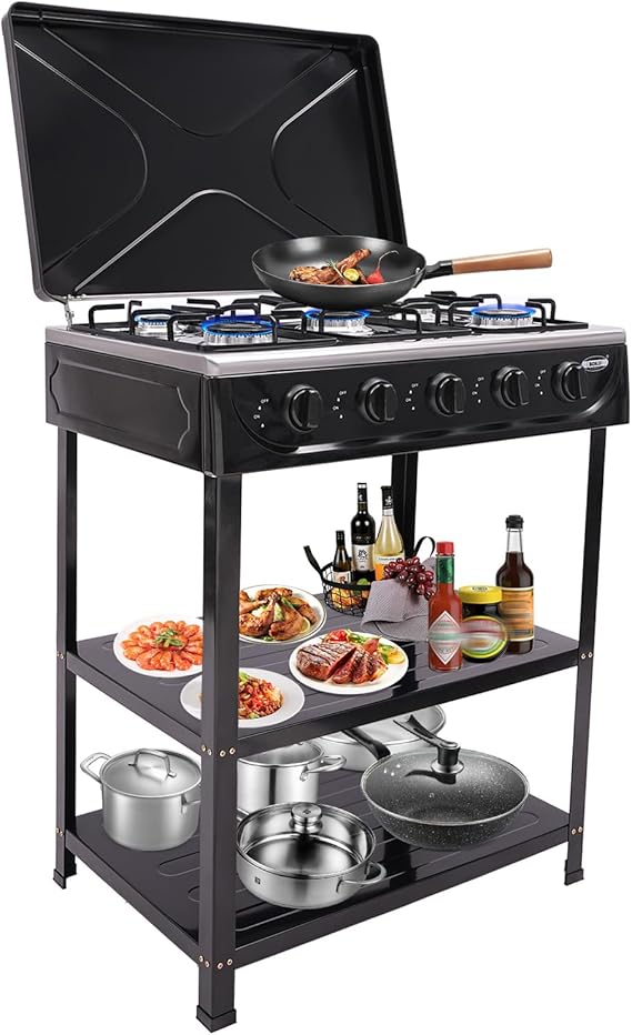 5 Burner Outdoor Propane Gas Stove, Outdoor Camping Cooking Stove, Portable Gas Stove for Camping Cookout, RV, Apartment, Outdoor Cooking (Black), 25.2*17.52*6.5 inch, YLLAUT8S
