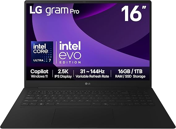 LG gram Pro 16Z90TP - 16 Inch 2.5K IPS 144Hz VRR, Ultra-Lightweight Laptop, Intel Core Ultra 7 255H - EVO Edition, 16GB RAM, 1TB SSD, Windows 11 Home, gram Hybrid AI, Copilot, Black (2025)