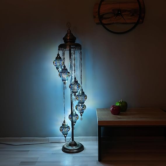 Asylove Turkish Floor Lamp, Mosaic Turkish Lamp, 7 GlobeFloor Lighting Standing Decorative Home Modern Designs Offer Handmade Glass 5 inch Globe - Total Dimensions 18 x 18 x 60 inch (Turquoise)