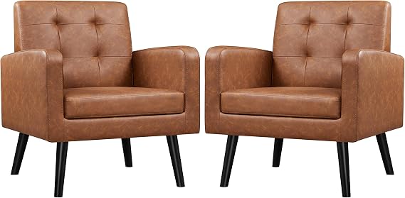 Yaheetech Mid-Century Accent Chairs, PU Leather Modern Upholstered Living Room Chair, Cozy Armchair Button Tufted Back and Wood Legs for Bedroom/Office/Cafe, Retro Brown 2 PCS