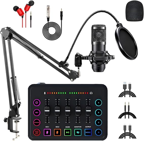 Generic Complete Podcast Equipment Bundle With Rgb Mixer, Bm-800 Mic Kit, Live Monitoring, Dual Streaming, 48V Phantom Power For Pc, Tablets, Mobile