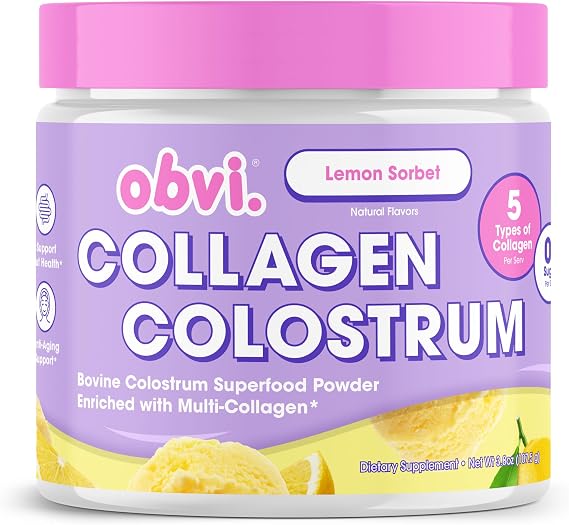 Obvi Hydrolyzed Bovine Collagen Peptide Lemon Sorbet Colostrum Superfood Protien Powder Supports Bloating, Digestion, Immunity, Hair & Skin from Within | 30 Servings